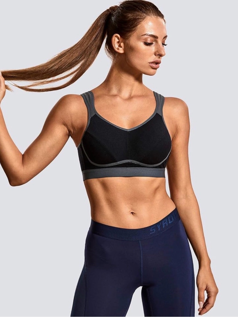 Syrokan Women's Sports Bra Wireless Comfort Black Grey, size 34E